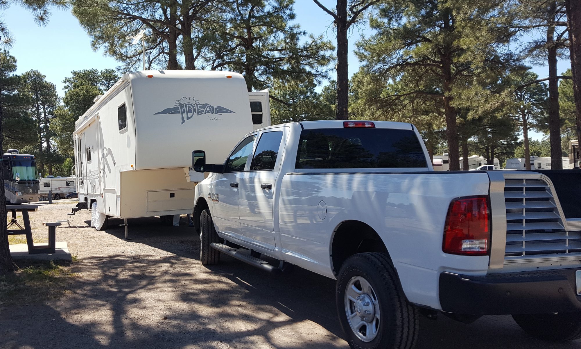 Tow vehicle with 5th wheel in a campground